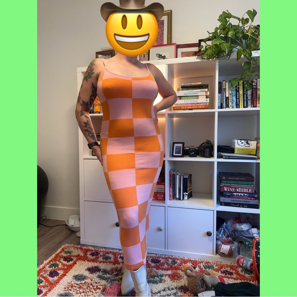 Checkerboard Bodycon Midi Dress in Pink and Orange